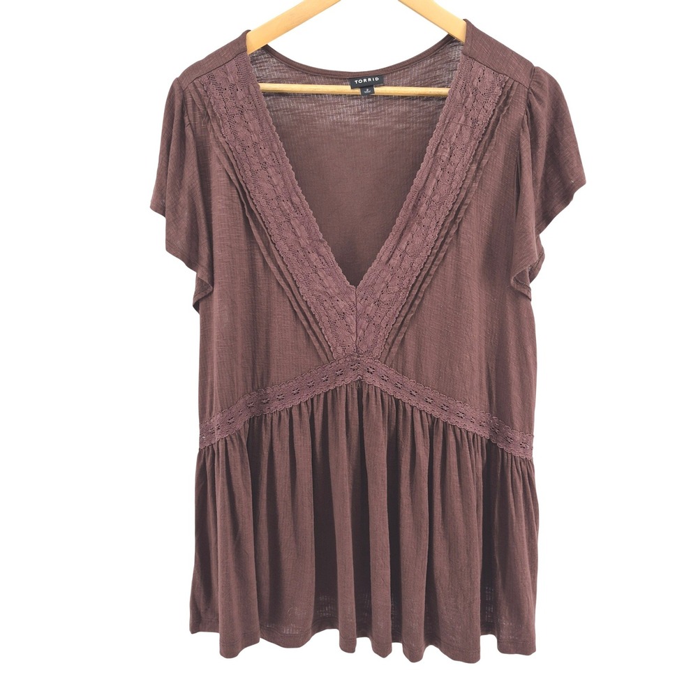 Torrid Brown Lace V Neck Peplum Tunic Top‎ Women Size 2X Boho Western Festival
